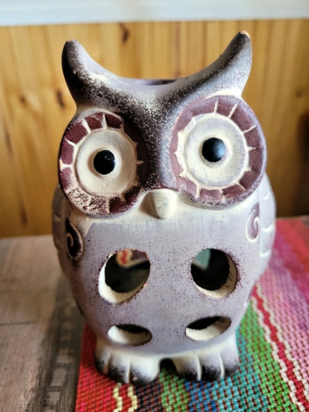 Owl Candle Holder Ceramic Decor in Clear Brown & White.